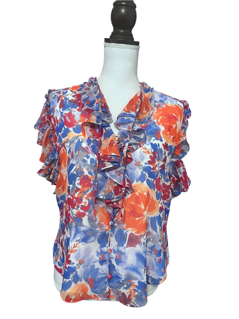 Lauren Ralph Lauren Floral Ruffle Blouse Womens M Fairy Career Artsy Boho Preppy